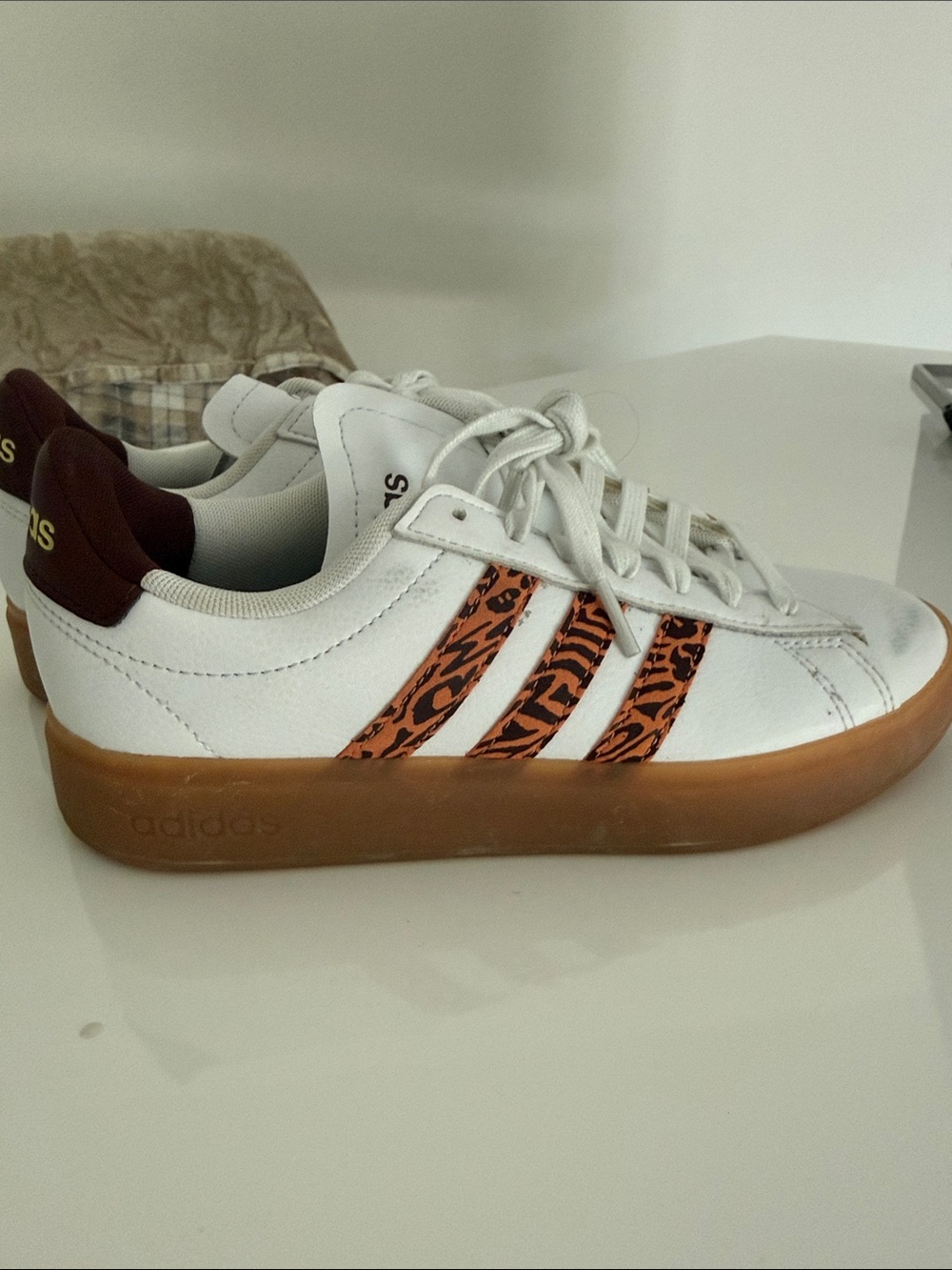adidas White Sneakers with Orange Animal-Print Stripes and Gum Sole